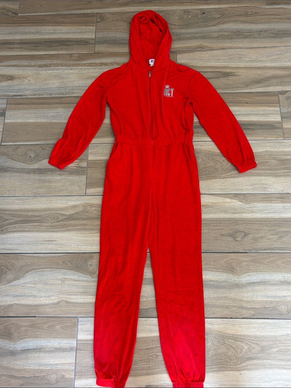 Juicy Couture Bright Red Hooded Velour Jumpsuit